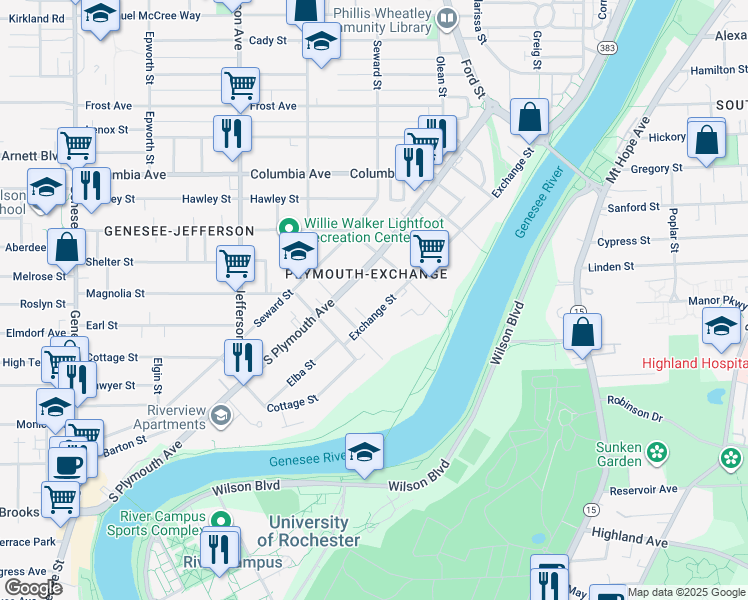 map of restaurants, bars, coffee shops, grocery stores, and more near in Rochester