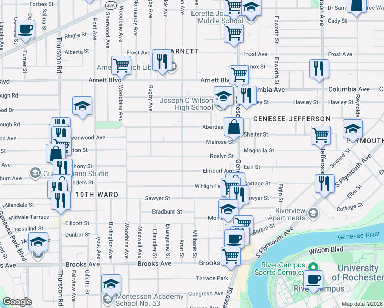 map of restaurants, bars, coffee shops, grocery stores, and more near 136 Elmdorf Avenue in Rochester