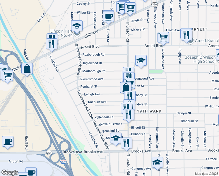 map of restaurants, bars, coffee shops, grocery stores, and more near 85 Lehigh Avenue in Rochester