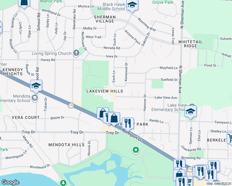 map of restaurants, bars, coffee shops, grocery stores, and more near 1417 Lake View Avenue in Madison