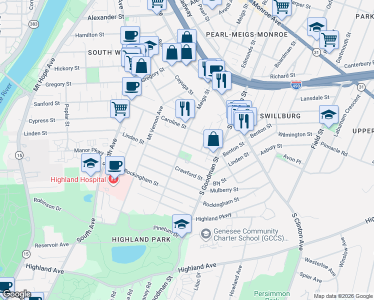 map of restaurants, bars, coffee shops, grocery stores, and more near 534 Linden Street in Rochester