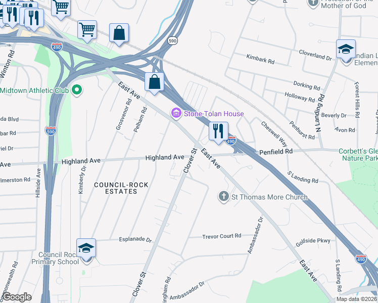 map of restaurants, bars, coffee shops, grocery stores, and more near 2 Marvin Park in Rochester