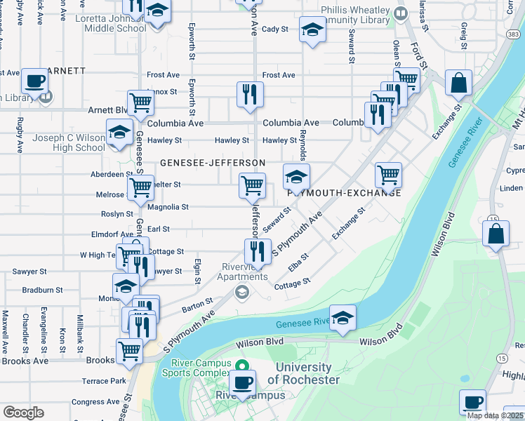 map of restaurants, bars, coffee shops, grocery stores, and more near 213 Magnolia Street in Rochester