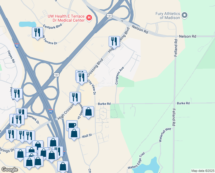 map of restaurants, bars, coffee shops, grocery stores, and more near 5316 Congress Avenue in Madison