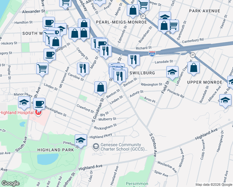 map of restaurants, bars, coffee shops, grocery stores, and more near 291 Benton Street in Rochester