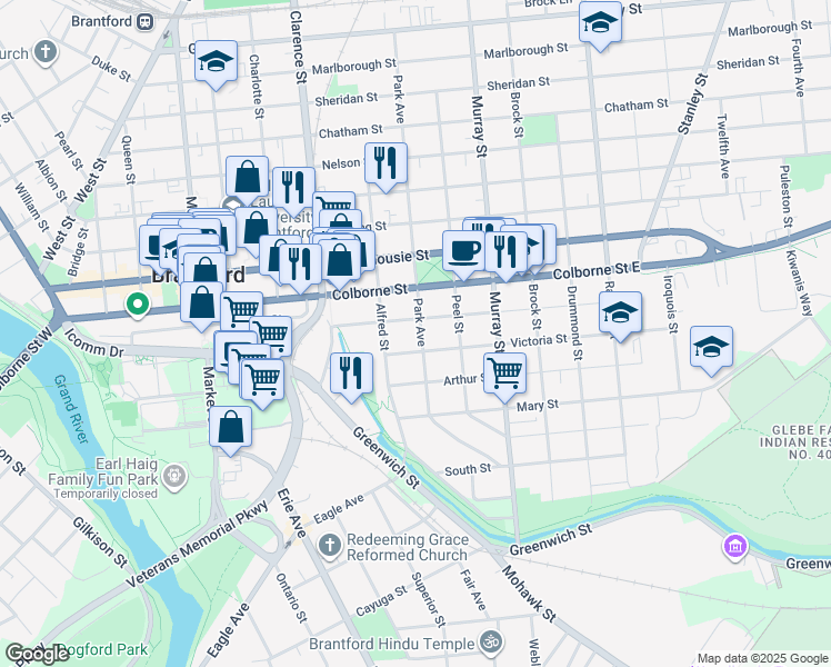 map of restaurants, bars, coffee shops, grocery stores, and more near 140 Park Avenue in Brantford