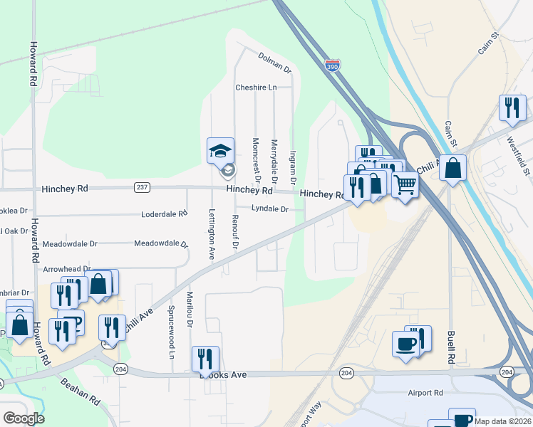 map of restaurants, bars, coffee shops, grocery stores, and more near 231 Hinchey Road in Rochester