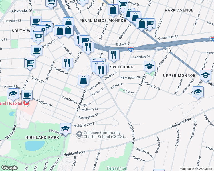 map of restaurants, bars, coffee shops, grocery stores, and more near 1058 South Clinton Avenue in Rochester