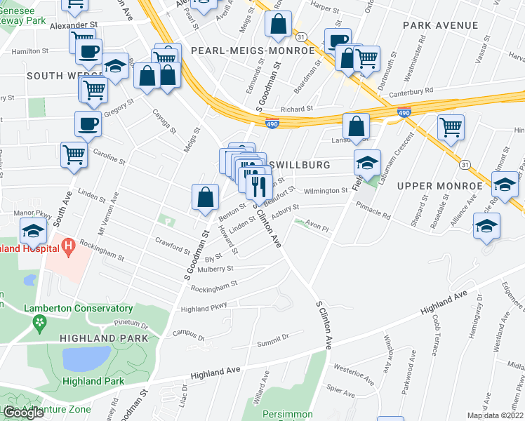 map of restaurants, bars, coffee shops, grocery stores, and more near 1018 South Clinton Avenue in Rochester