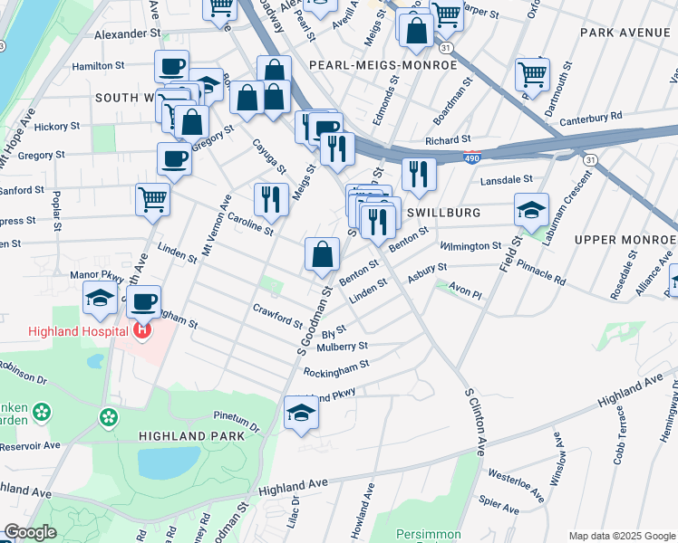 map of restaurants, bars, coffee shops, grocery stores, and more near 400 Caroline Street in Rochester