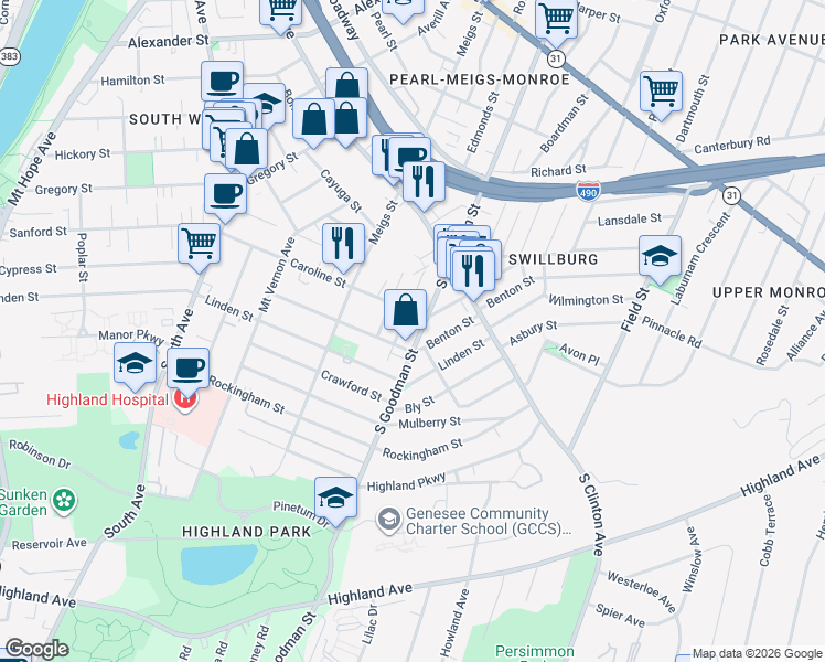 map of restaurants, bars, coffee shops, grocery stores, and more near 330 Caroline Street in Rochester