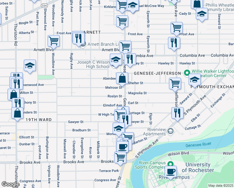 map of restaurants, bars, coffee shops, grocery stores, and more near 30 Melrose Street in Rochester