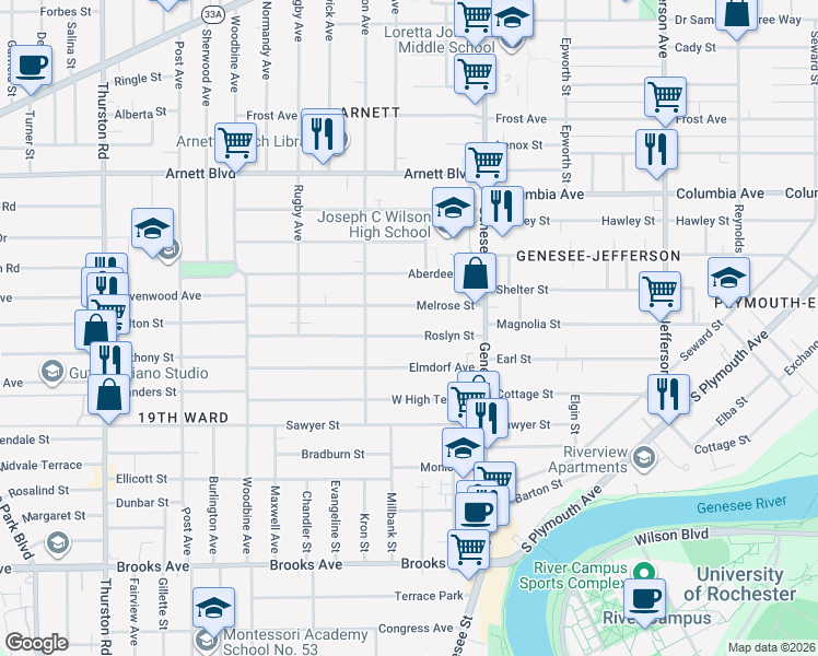 map of restaurants, bars, coffee shops, grocery stores, and more near 82 Melrose Street in Rochester