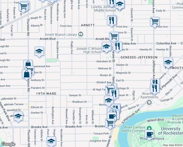 map of restaurants, bars, coffee shops, grocery stores, and more near 136 Melrose Street in Rochester
