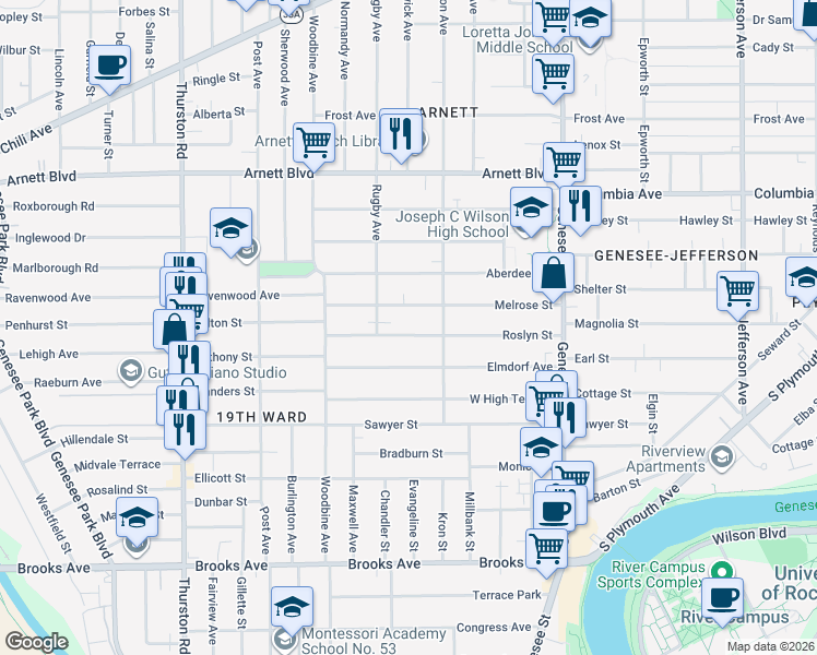 map of restaurants, bars, coffee shops, grocery stores, and more near 171 Melrose Street in Rochester