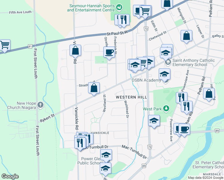 map of restaurants, bars, coffee shops, grocery stores, and more near 1 A Frederick Street in St. Catharines