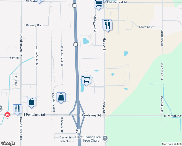 map of restaurants, bars, coffee shops, grocery stores, and more near Prairie Street in Norton Shores
