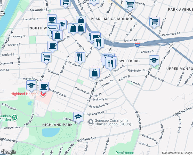 map of restaurants, bars, coffee shops, grocery stores, and more near 330 Caroline Street in Rochester