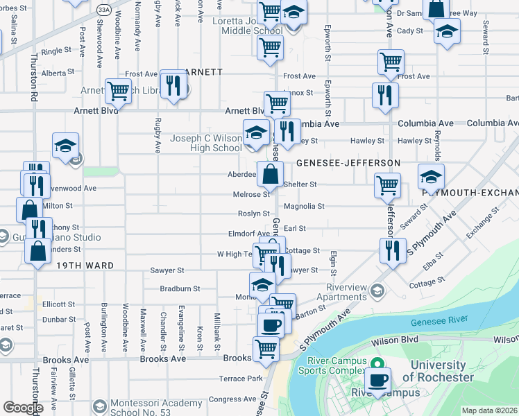 map of restaurants, bars, coffee shops, grocery stores, and more near 30 Melrose Street in Rochester