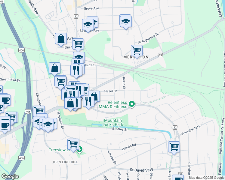 map of restaurants, bars, coffee shops, grocery stores, and more near 25 Hazel Street in St. Catharines