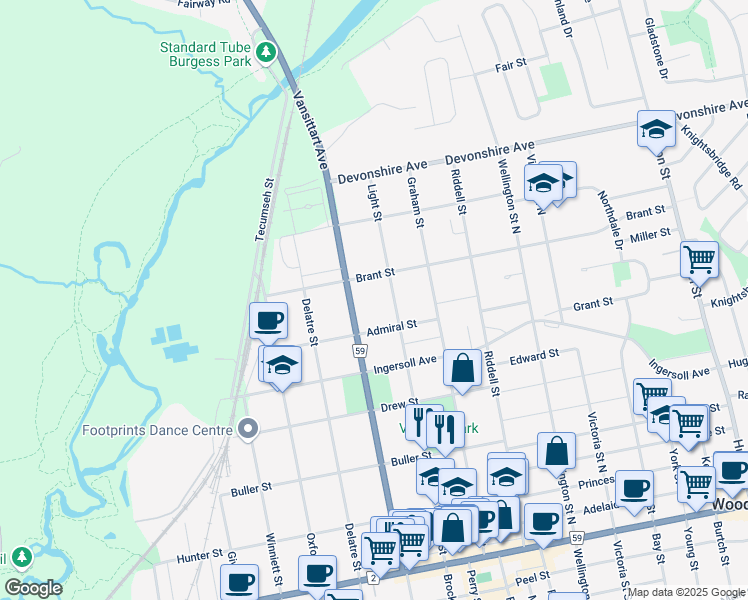 map of restaurants, bars, coffee shops, grocery stores, and more near 248 Vansittart Avenue in Woodstock