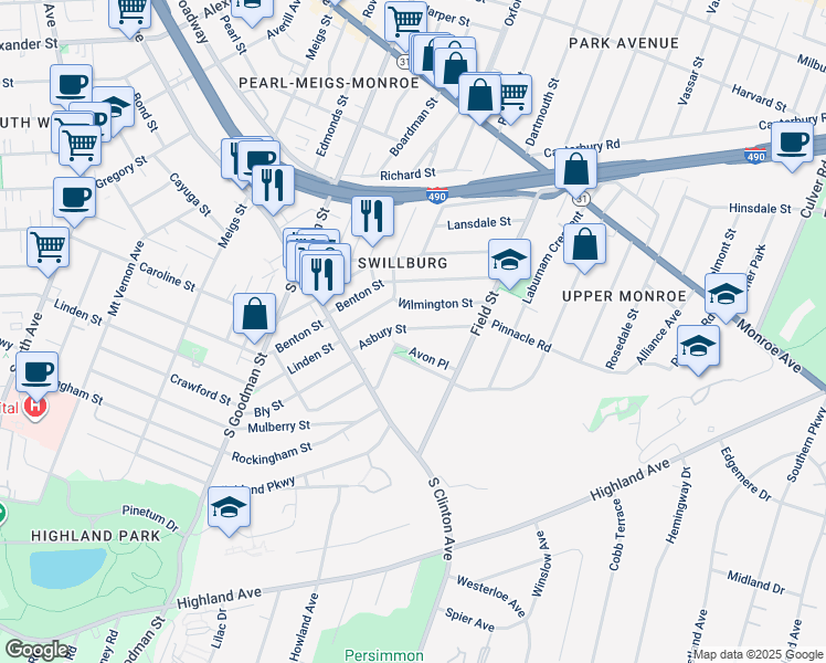 map of restaurants, bars, coffee shops, grocery stores, and more near 95 Asbury Street in Rochester