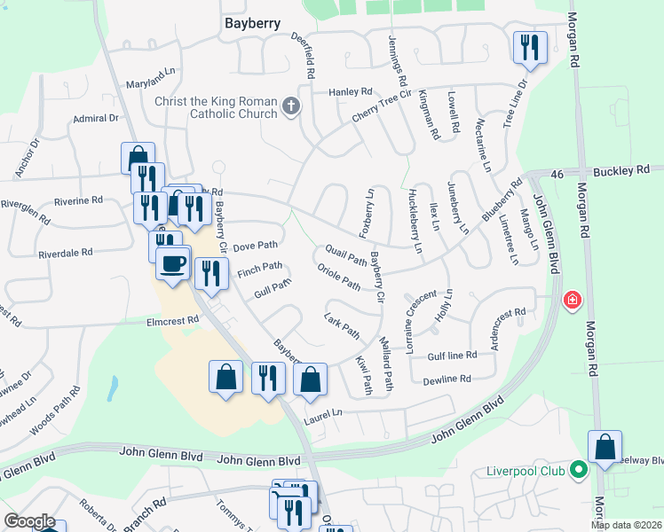 map of restaurants, bars, coffee shops, grocery stores, and more near 17 Quail Path in Liverpool