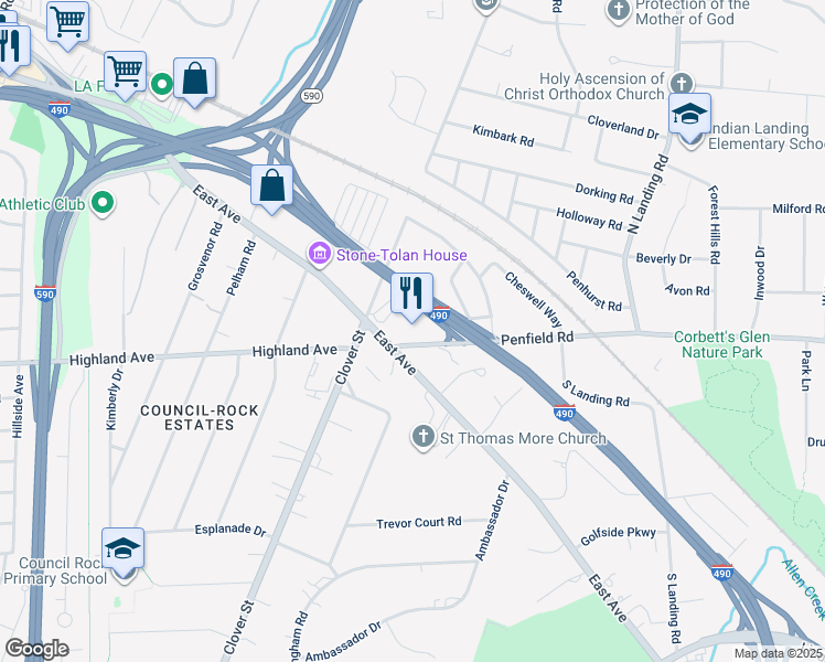 map of restaurants, bars, coffee shops, grocery stores, and more near 35 Walden Place in Rochester