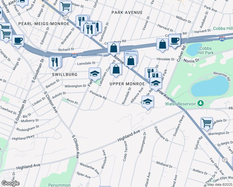 map of restaurants, bars, coffee shops, grocery stores, and more near 107 Shepard Street in Rochester