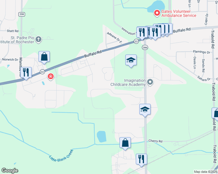 map of restaurants, bars, coffee shops, grocery stores, and more near 144 Dalaker Drive in Monroe County