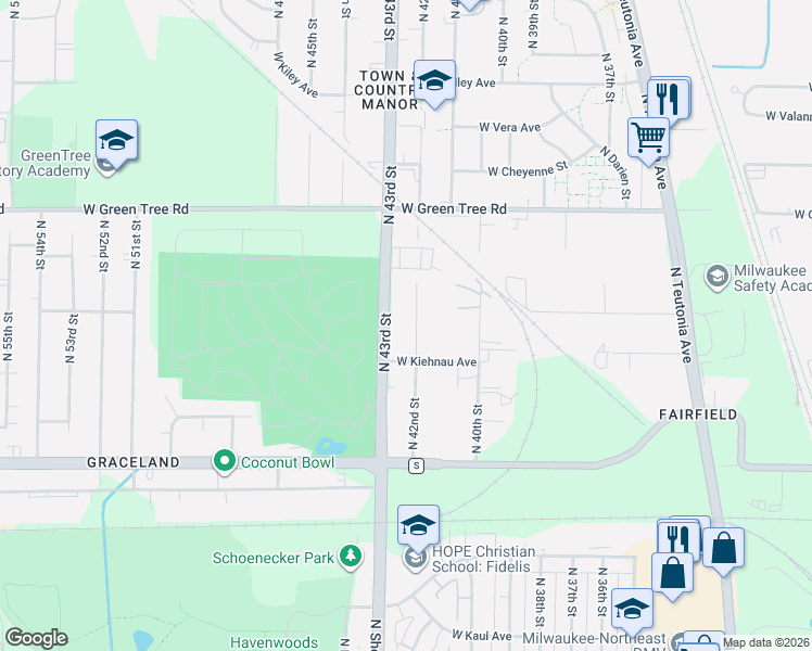 map of restaurants, bars, coffee shops, grocery stores, and more near 6644 North 42nd Street in Milwaukee