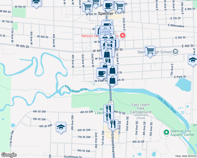 map of restaurants, bars, coffee shops, grocery stores, and more near 106 West 1st Street in Spencer