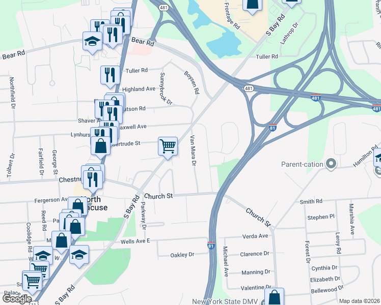 map of restaurants, bars, coffee shops, grocery stores, and more near 101 Postlamp Circle in Syracuse