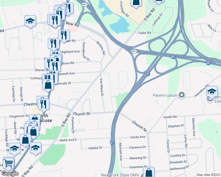 map of restaurants, bars, coffee shops, grocery stores, and more near Grove Street & Slindes Wood Circle in Syracuse