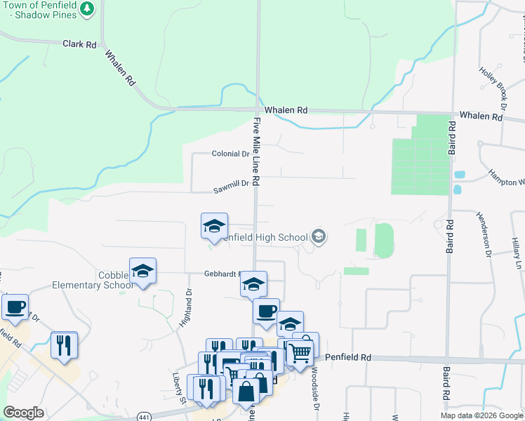 map of restaurants, bars, coffee shops, grocery stores, and more near 2000 Five Mile Line Road in Penfield