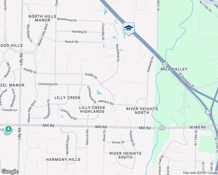 map of restaurants, bars, coffee shops, grocery stores, and more near W129N6630 Daylily Drive in Menomonee Falls