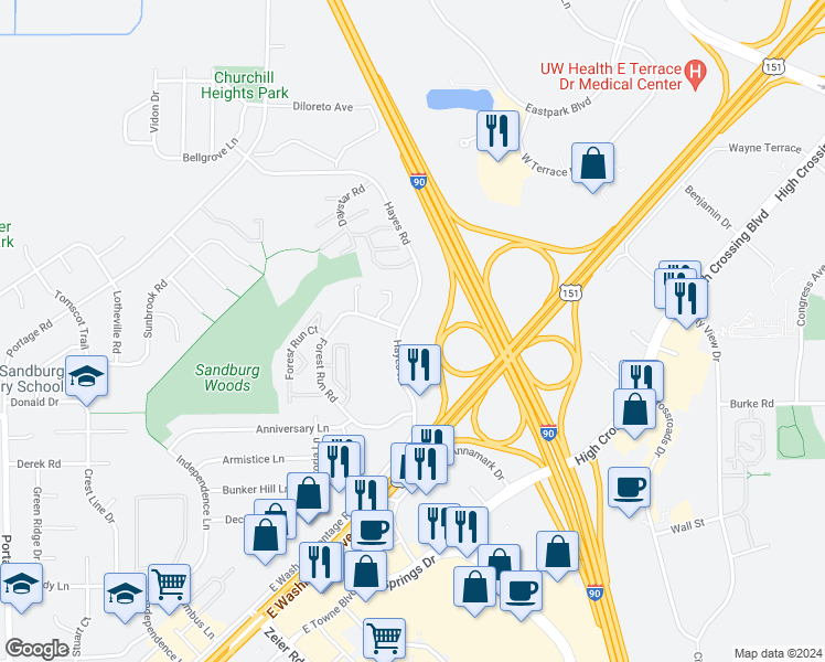 map of restaurants, bars, coffee shops, grocery stores, and more near 4799 Hayes Road in Madison
