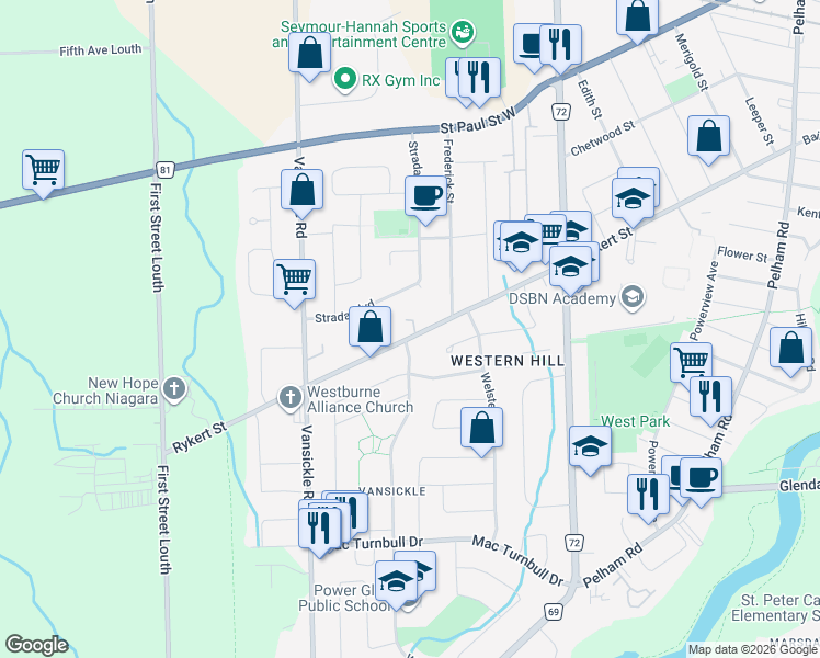 map of restaurants, bars, coffee shops, grocery stores, and more near 178 Rykert Street in St. Catharines