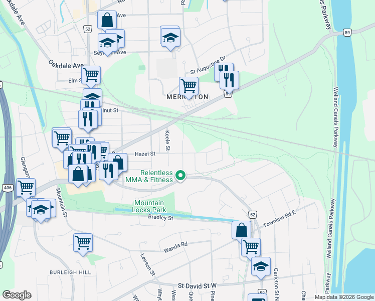 map of restaurants, bars, coffee shops, grocery stores, and more near in St. Catharines