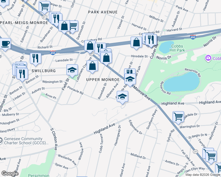 map of restaurants, bars, coffee shops, grocery stores, and more near 116 Rosedale Street in Rochester