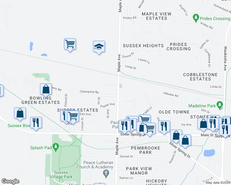 map of restaurants, bars, coffee shops, grocery stores, and more near W240N6635 Maple Avenue in Sussex
