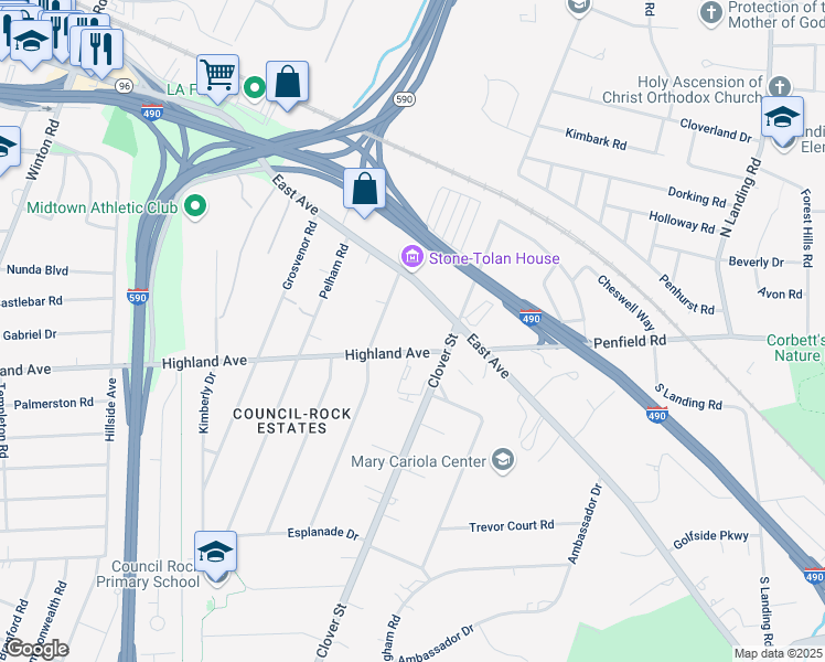map of restaurants, bars, coffee shops, grocery stores, and more near 50 Council Rock Avenue in Rochester