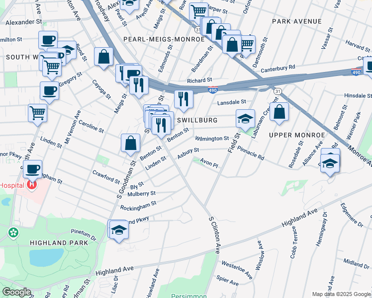 map of restaurants, bars, coffee shops, grocery stores, and more near 43 Beaufort Street in Rochester