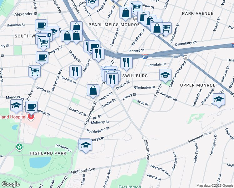 map of restaurants, bars, coffee shops, grocery stores, and more near 1018 South Clinton Avenue in Rochester