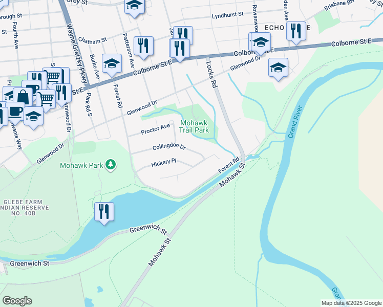map of restaurants, bars, coffee shops, grocery stores, and more near 48 Collingdon Drive in Brantford