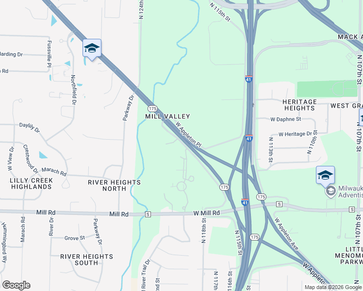 map of restaurants, bars, coffee shops, grocery stores, and more near 12000 West Appleton Place in Milwaukee