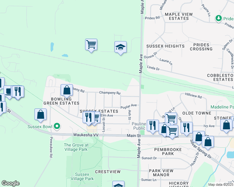 map of restaurants, bars, coffee shops, grocery stores, and more near N66W24148 Champeny Road in Sussex