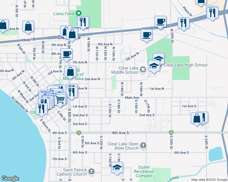 map of restaurants, bars, coffee shops, grocery stores, and more near 117 N 14th St in Clear Lake
