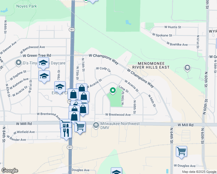 map of restaurants, bars, coffee shops, grocery stores, and more near 7118 West Lima Street in Milwaukee