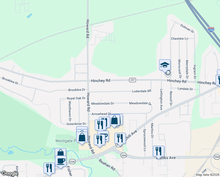 map of restaurants, bars, coffee shops, grocery stores, and more near 623 Hinchey Road in Rochester